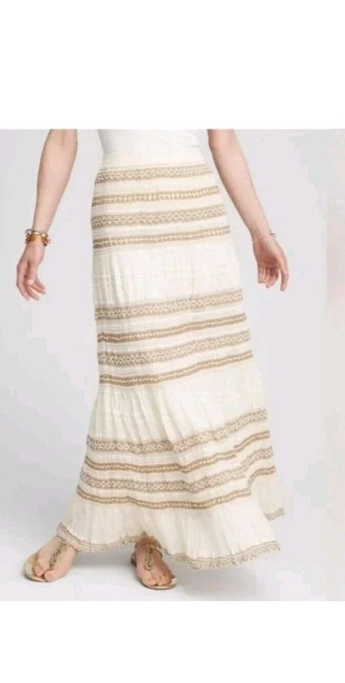 Chico's Crochet Tiered Midi Skirt Ivory Taupe Cotton 2, US 12 Boho Prairie Fairy - Picture 8 of 13